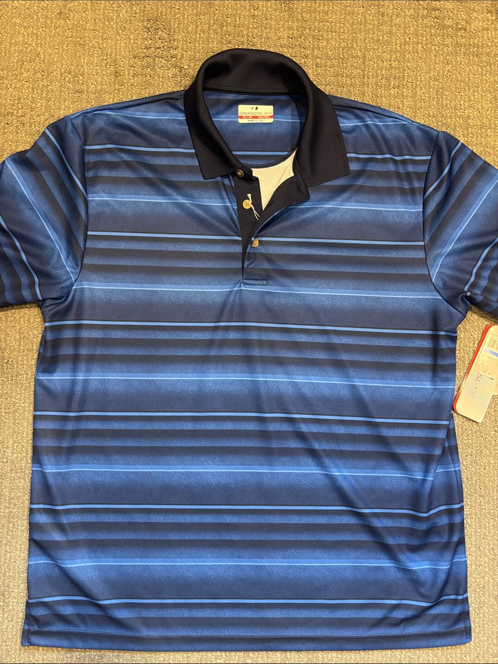 Grand Slam Men’s Navy & Light Blue Striped Golf Polo, Air Flow for Comfort, NWT